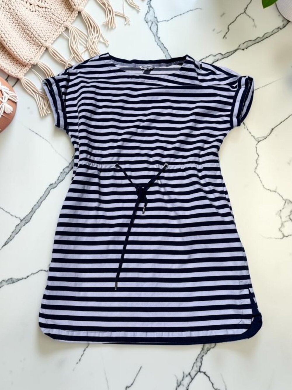 Tommy Bahama Amira Stripe Drawstring Dress Size XL Pockets Navy White Boat Neck - Picture 8 of 10